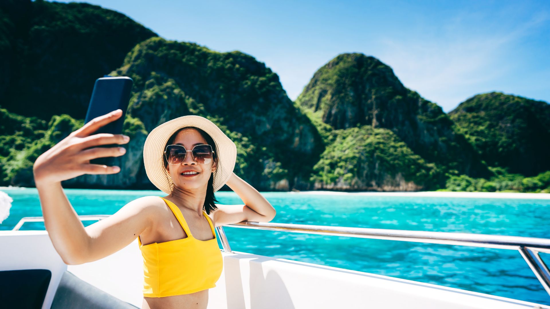 Content creator on boat selfie mode